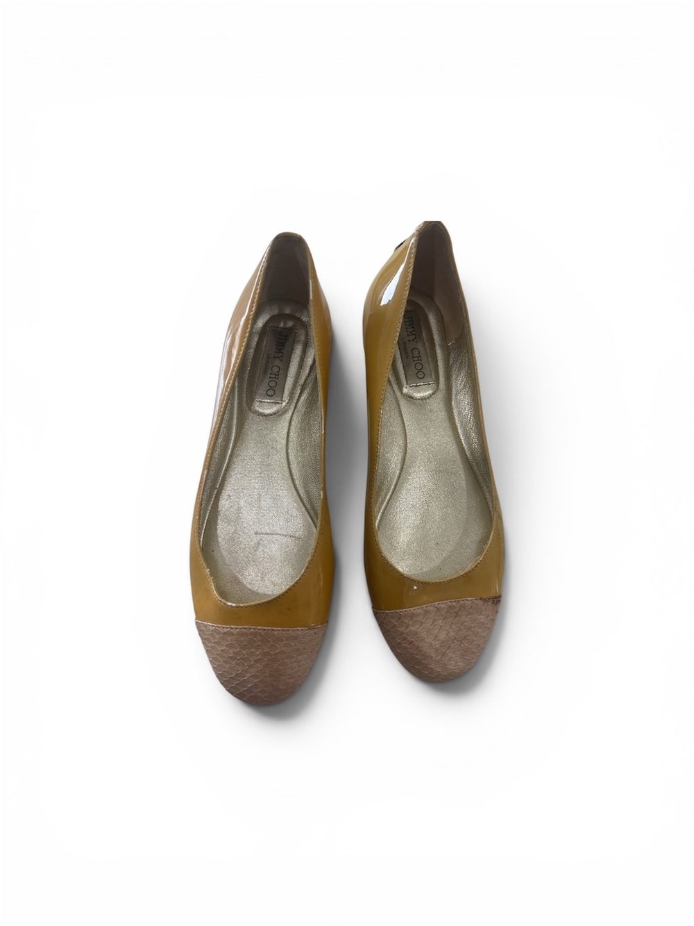 Jimmy Choo Mustard Yellow Patent Leather Ballet Flats with Brown Toe Caps